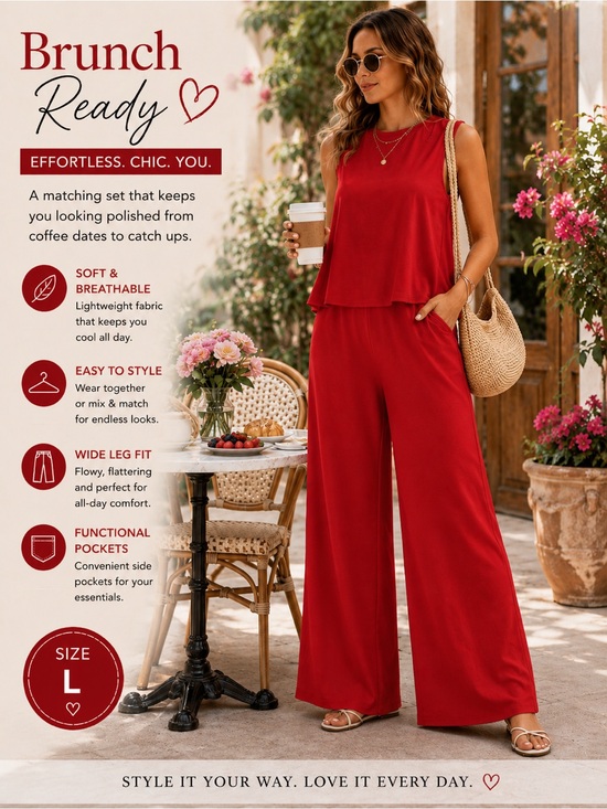 Passion of Essence Boutique Pants - Red Sleeveless Wide Leg Pants 2 Piece Matching Set L